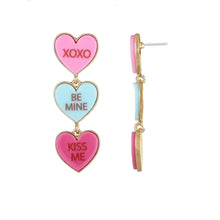 Heart charm drop earrings with pink, blue, and magenta candy hearts: XOXO, BE MINE, KISS ME.