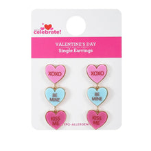 Carded valentine candy heart single earrings, showing XOXO, BE MINE, and KISS ME hearts.