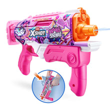 Pink and purple XSHOT water blaster with orange nozzle and unicorn-style graphics