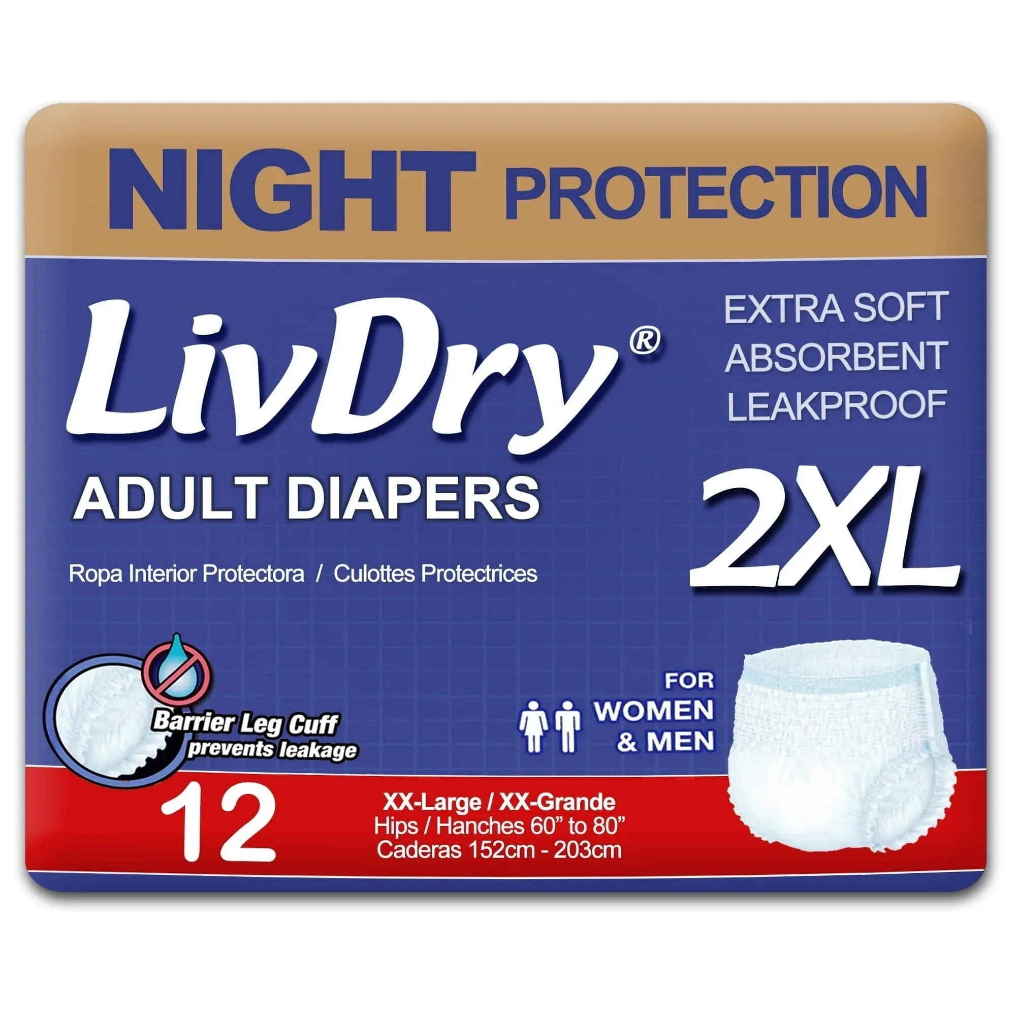 LivDry XL Overnight Adult Diapers for Women and Men, Max Protection Incontinence Underwear