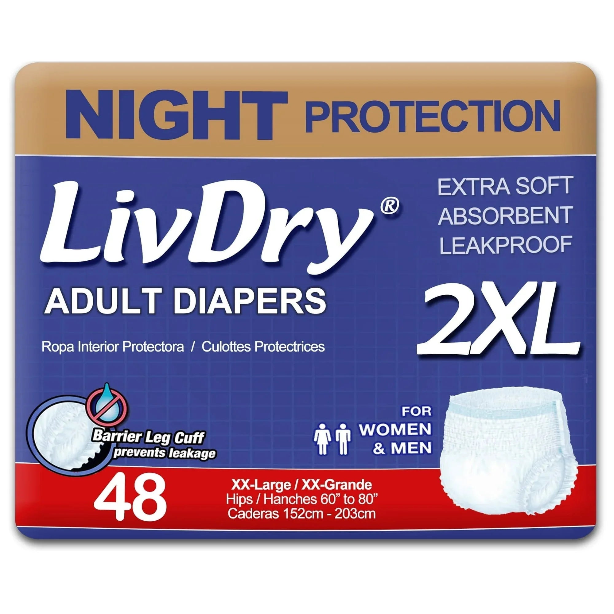LivDry XL Overnight Adult Diapers for Women and Men, Max Protection Incontinence Underwear