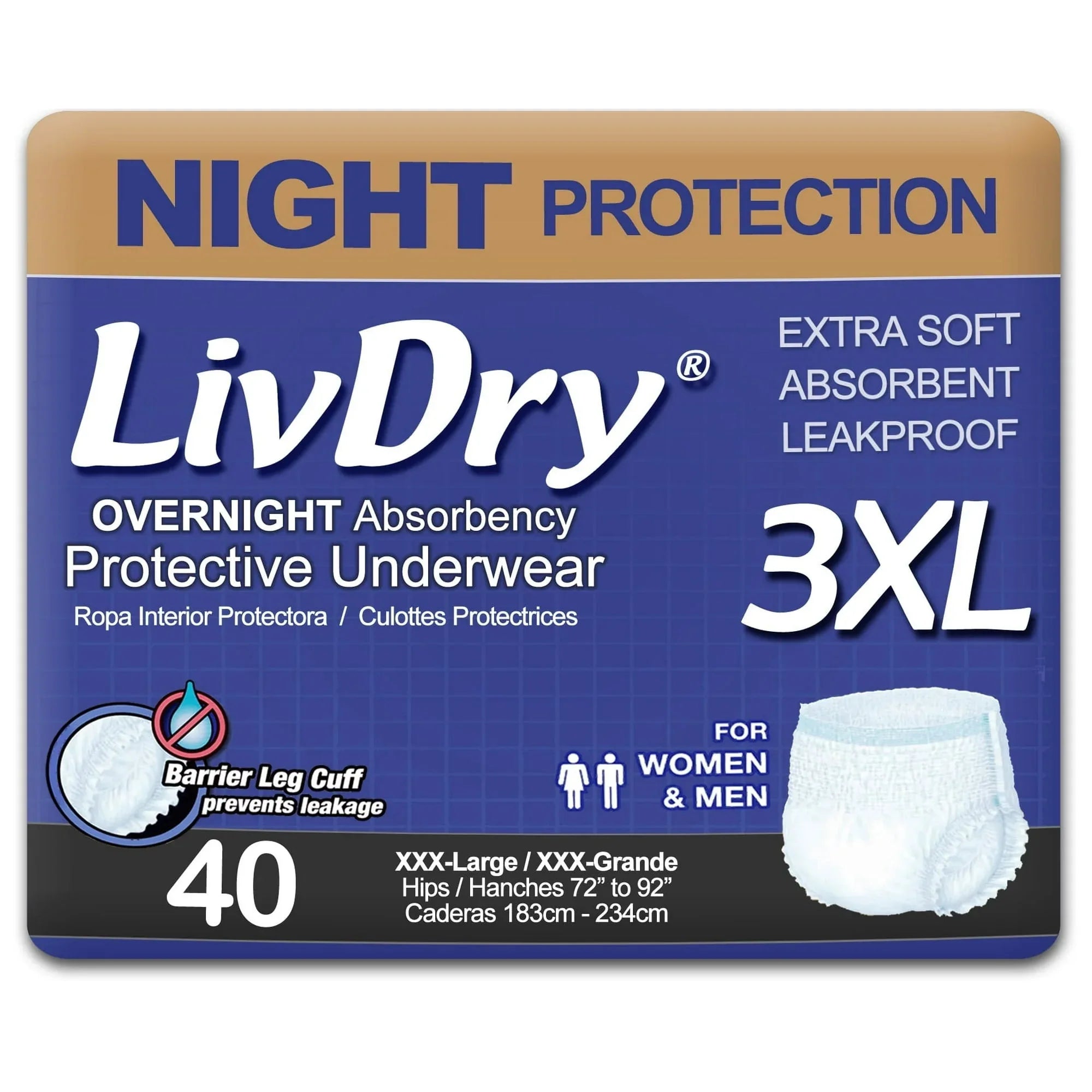 LivDry XL Overnight Adult Diapers for Women and Men, Max Protection Incontinence Underwear