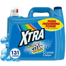 Blue liquid laundry detergent jug with 131 loads label and red cap