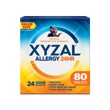 Allergy relief antihistamine tablets box, blue and orange, 80 count