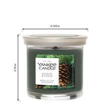 Yankee Candle Balsam & Cedar dark green tumbler candle with lid, 3.125 inches wide