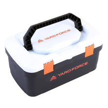 Multi-tool storage case with white lid and black base with orange clips