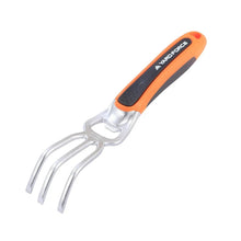 Garden multi-tool hand attachment with curved tines and orange-and-white handle