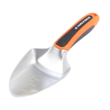 Garden multi-tool hand attachment with wide scoop blade and orange-and-white handle