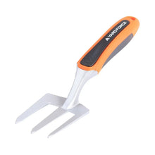 Garden multi-tool hand attachment with three-prong fork and orange grip