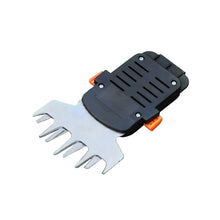Garden multi-tool attachment with black base and three-prong steel comb blade