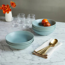 Mint green ceramic bowls, stackable set with wide flat rims