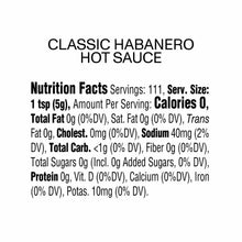 Classic habanero hot sauce nutrition facts panel on a white label