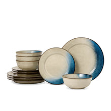 12-piece reactive ceramic dinnerware set with blue and beige glazed bowls and plates