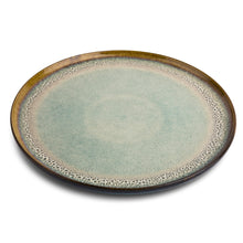 Ceramic dinner plate with seafoam glaze and speckled brown rim