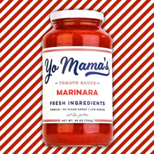 Yo Mama's Marinara tomato sauce jar with white lid, red label