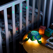 Green and blue turtle sound machine with glowing star lights on the floor