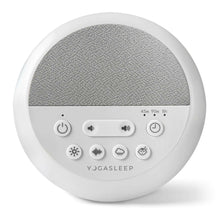 White round night sound machine with gray speaker fabric and front control icons