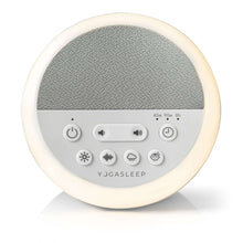 Gray fabric night sound machine with circular light ring and control buttons
