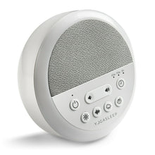 White round night sound machine with gray fabric speaker and front button controls