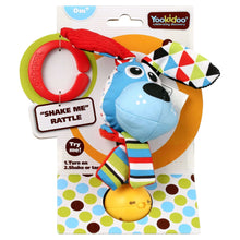 Dog-shaped fabric baby rattle in blister package with red handle and yellow ball base