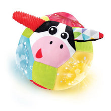 Light-up plush ball with panda face and cow snout, colorful panels, glow lights