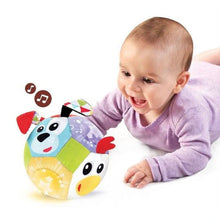 Light-up plush sensory ball with cow and panda faces, colorful fabric, motion lights