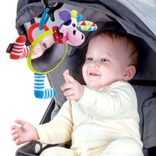 Cow baby mirror and rattle toy attached to stroller, with colorful fabric parts