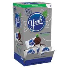 York dark chocolate peppermint patties retail box front with wrapped pieces shown