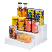 YouCopia white 3-shelf can organizer holding bottles and jars