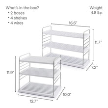 Metal organizer rack diagram with 3 tiers, dimensions, and included parts