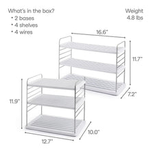 Bottle mug and plate organizer with 3-tier wire frame shown with size guides
