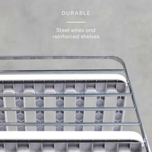 Bottle mug and plate organizer with durable metal-wire shelves and reinforced rails