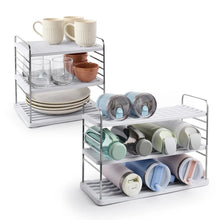 2-piece metal bottle and mug organizer rack with open wire shelves and base tray
