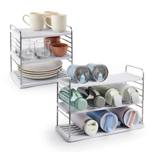 Bottle mug and plate organizer with three glass shelves holding cups and plates