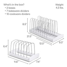 Cookware organizer dimensions diagram showing two units and divider pieces, 2-piece set