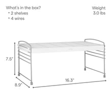 Adjustable white wire shelf with mesh top and side rails, compact countertop design