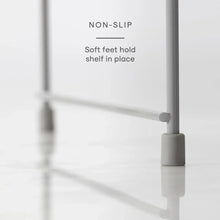 Non-slip gray feet on white metal legs to hold a wire shelf in place