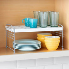 White two-tier wire shelf organizer with adjustable height legs