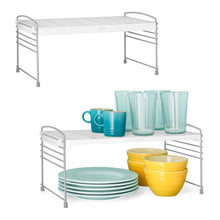 Adjustable white metal wire shelf unit with two tiers and side rails