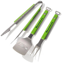 3-piece NFL BBQ tool set with green handles and Seahawks logo, stainless spatula and fork