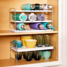 Mug and plate organizer set for cabinet with two open shelves