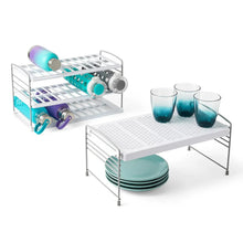 Two-tier mug and plate organizer table with square shelf panels