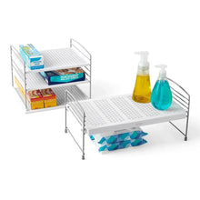 Cabinet shelf organizer set with two metal racks, perforated shelves and side panels