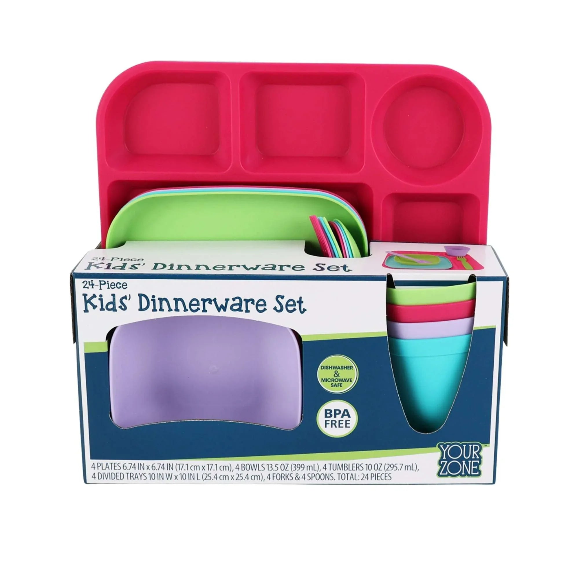 Your Zone 24-Piece Plastic Kids Dinnerware Set with 4 Trays, Bowls, Plates, Cups, Forks, Spoons in Orange, Blue, Aqua, Green