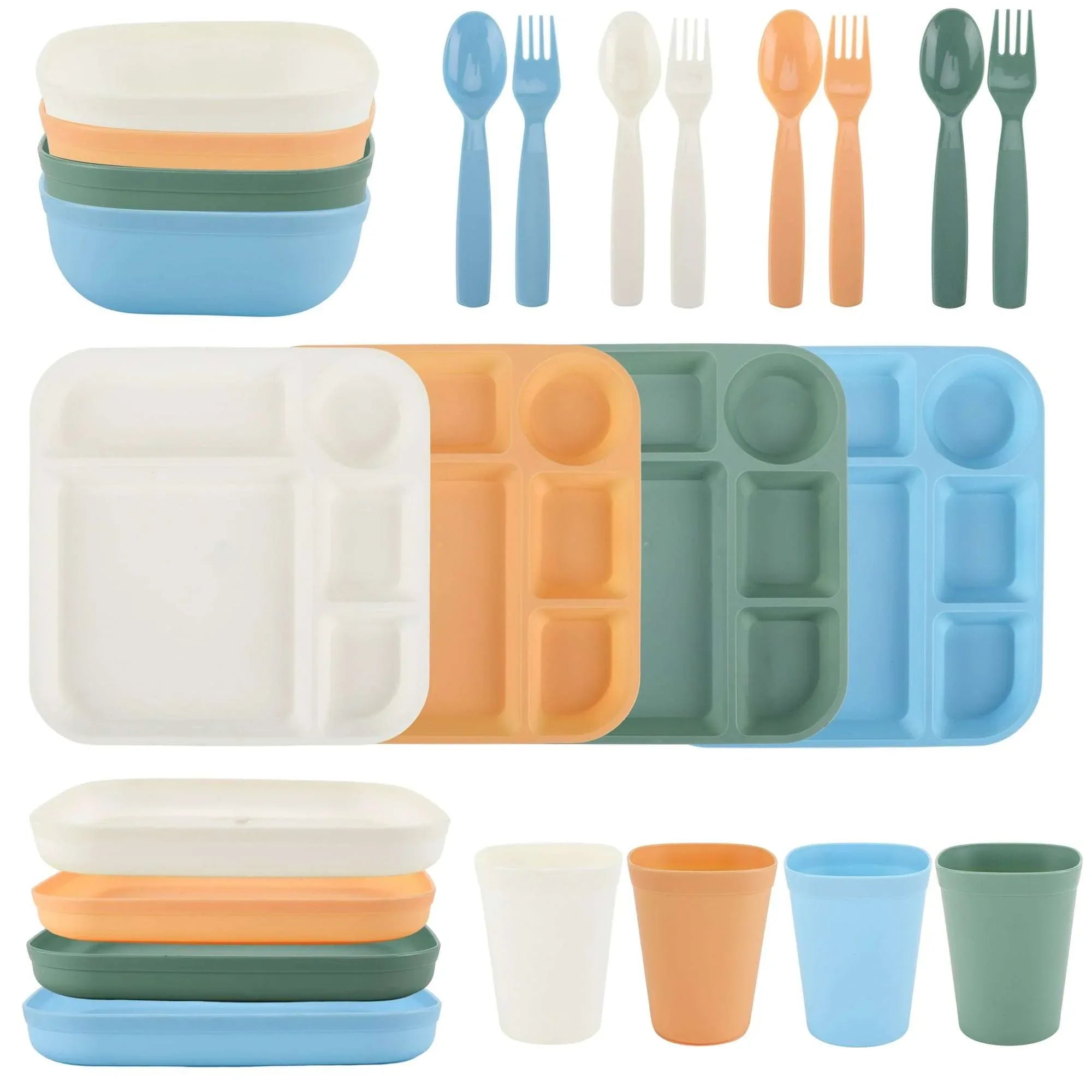 Your Zone 24-Piece Plastic Kids Dinnerware Set with 4 Trays, Bowls, Plates, Cups, Forks, Spoons in Orange, Blue, Aqua, Green