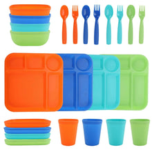 24-piece kids plastic dinnerware set with divided tray, bowls, plates, cups, and utensils