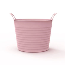Pink flex storage bin with two carry handles, ridged side walls, and open top