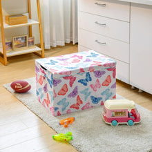 Kids toy storage trunk, white butterfly print, fold-top lid with black opening