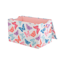 Kids collapsible storage trunk with colorful butterfly pattern in pink, blue, and purple