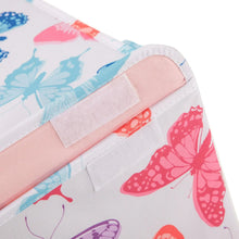 Kids collapsible storage trunk corner detail with butterfly print and fabric handle tabs